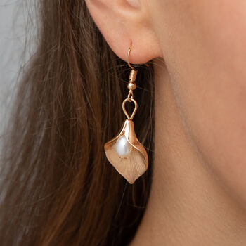 Lilly Shaped Pearl Drop Earrings, 2 of 6