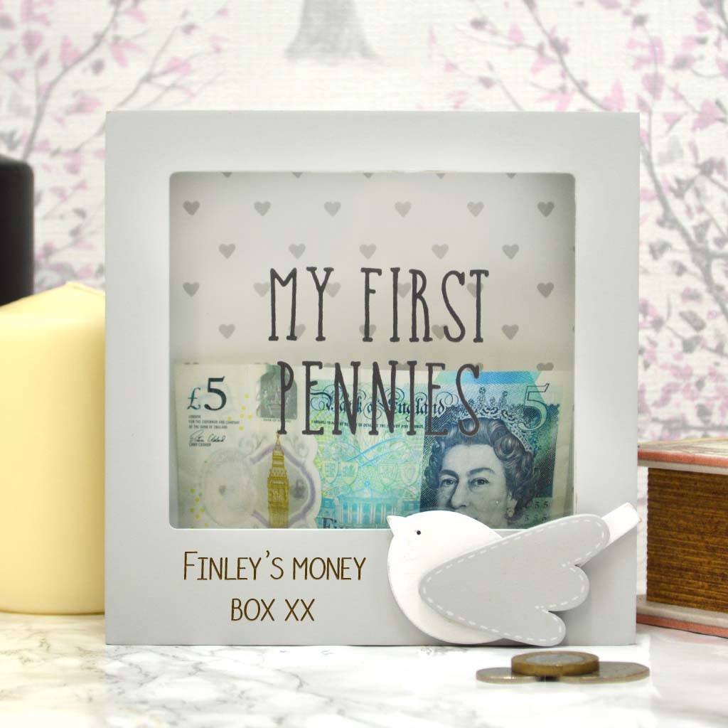 my first pennies personalised money box gift by