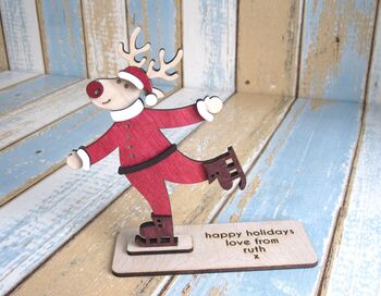 Rudolph On Skis Wooden Christmas Card, 2 of 4