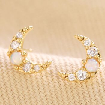 Crystal Opal Crescent Moon Earrings, 6 of 10