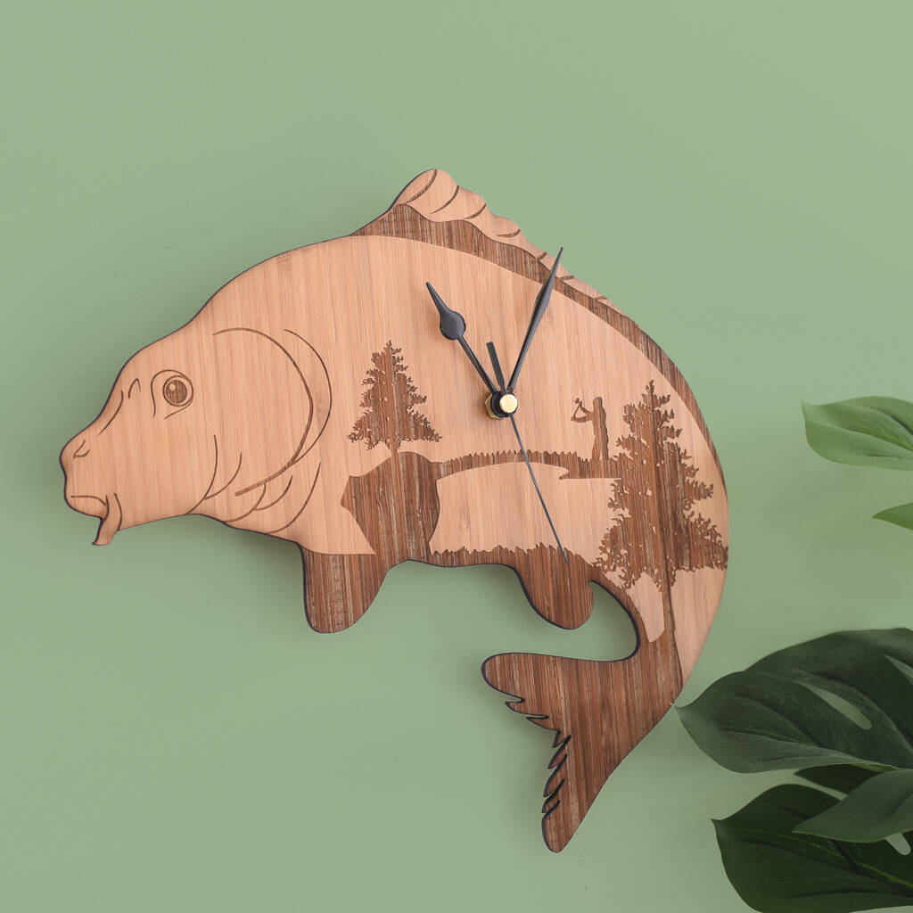 Wooden Engraved Carp Fishing Clock Gift For Anglers, 1 of 5