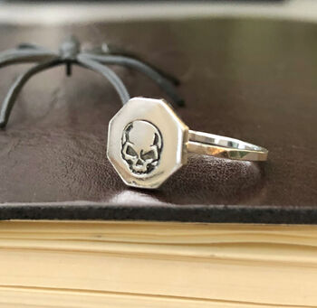 Sterling Silver Angry Skull Hexagon Halloween Ring, 6 of 8