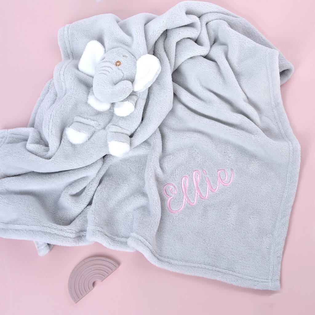 Personalised Grey Elephant Baby Blanket By 1st Birthday Gifts