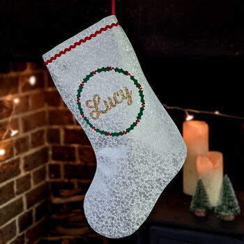 Liberty Silver Fabric Personalised Christmas Stocking, 3 of 4