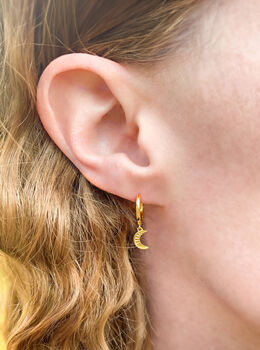 Gold Plated Delicate Engraved Moon And Star Hoops, 5 of 7