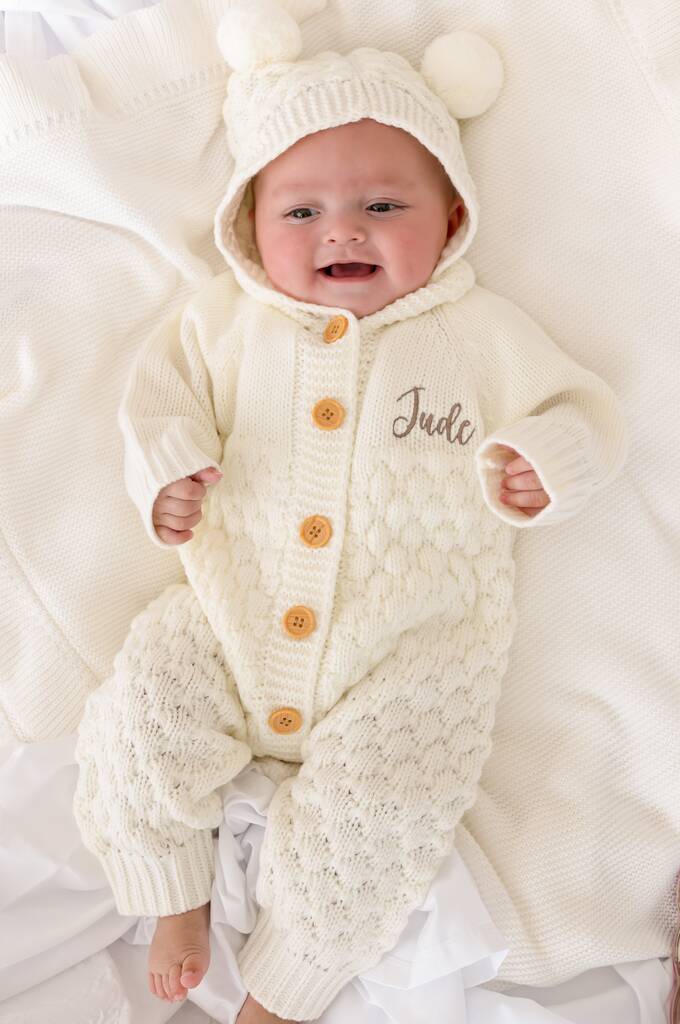 Cream Chunky Knit Personalised Embroidered Long Sleeve Pramsuit With Hood, 1 of 9