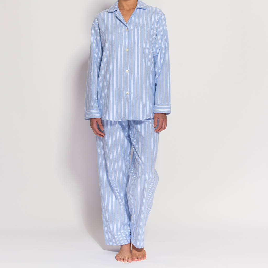 Women's Pyjamas In Blue And White Striped Flannel By BRITISH BOXERS