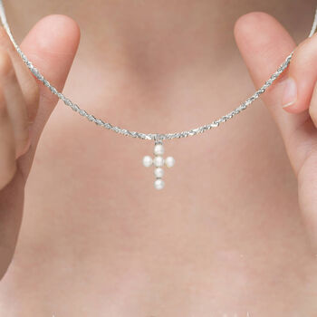 Tiny Genuine Pearl Cross Necklace In Sterling Silver, 3 of 11