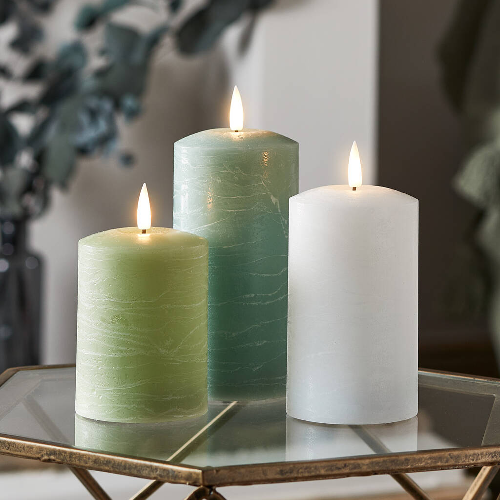 Set Of Three Neutral Green Autumn Pillar Candles By Lights4fun