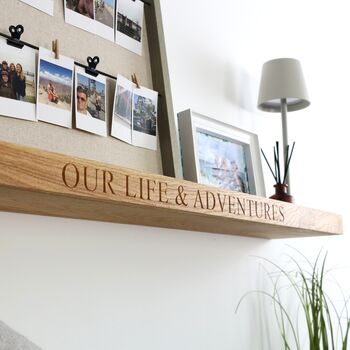 Solid Oak Floating Picture Ledge Shelf Made To Measure With Carved Text, 4 of 10