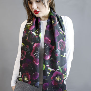 Midnight Floral Botanical Long Silk Scarf, 2 of 4