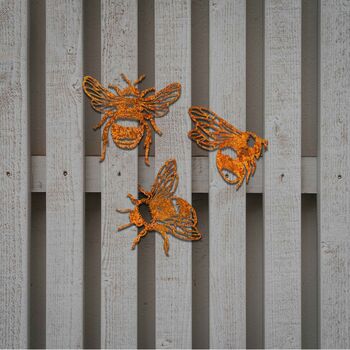 Set Of Three Metal Bees Rusty Metal Art Gardener Gift, 6 of 10