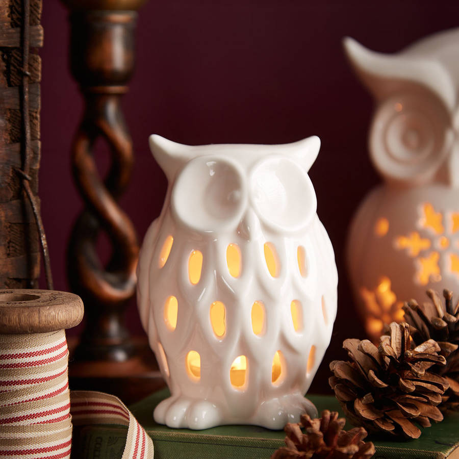 white owl tea light holder by the christmas home