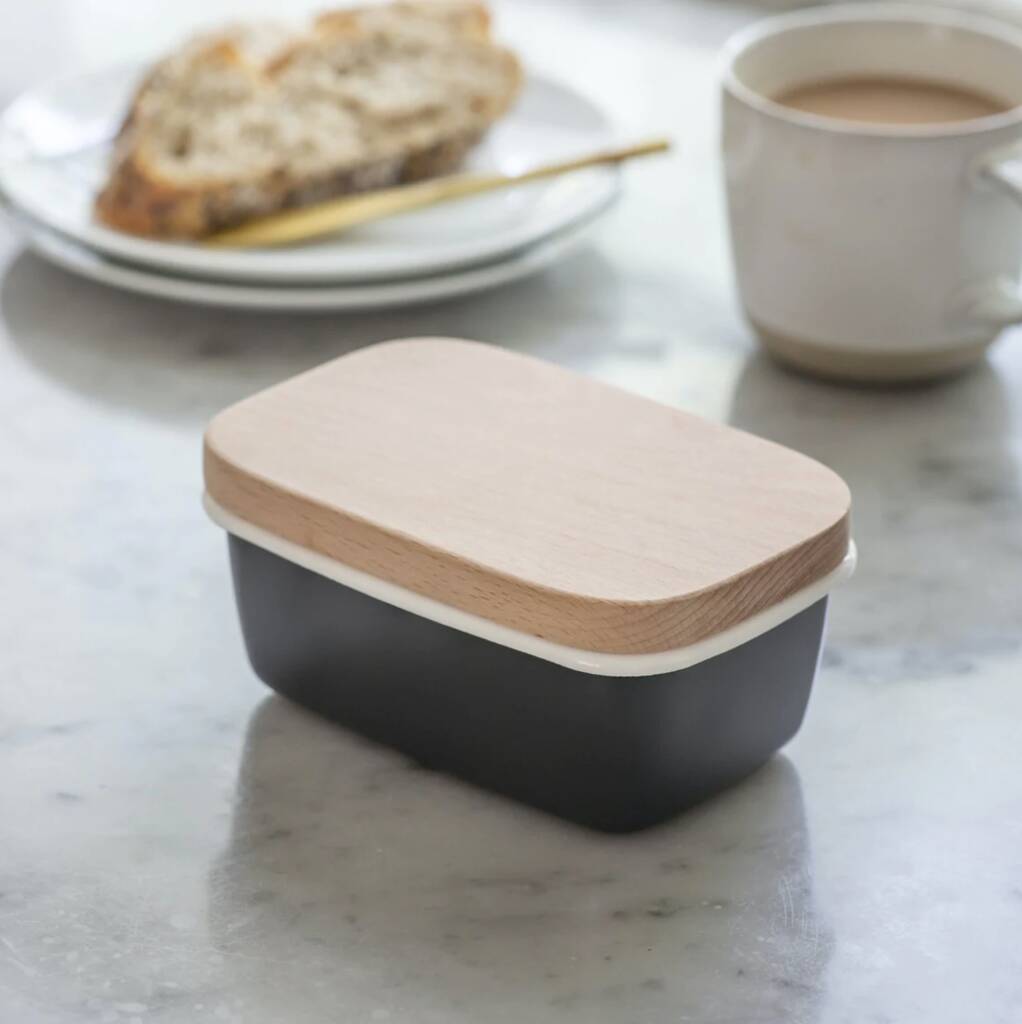 Enamel Grey Butter Dish With Beech Lid By The Little House Shop