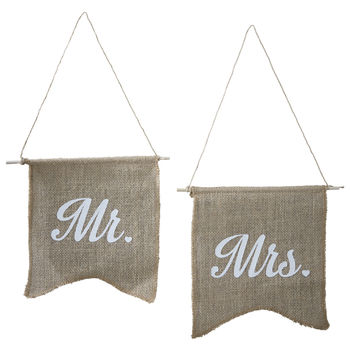 Vintage Hessian Mr And Mrs Flag Signs, 2 of 2