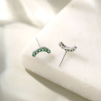 Sterling Silver Emerald Green Cz Curved Bar Tiny Stud Earrings, 3 of 12