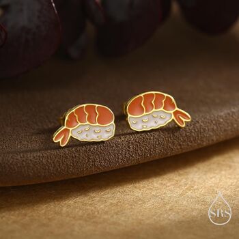 Sterling Silver Enamel Prawn Sushi Stud Earrings, 3 of 12