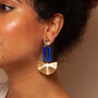 Inez – Blue And Gold Fan Art Deco Acrylic Statement Dangle Earrings, thumbnail 1 of 4