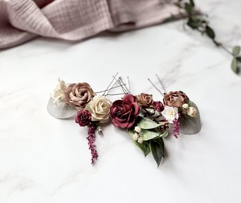 Burgundy, Rose Taupe And White Flower Hair Pins, 3 of 6