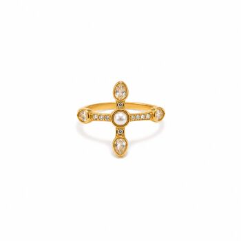 Pearl Cross Ring In 18k Gold Gemstone Cocktail Ring, 7 of 10