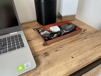 Personalised Rectangle Spanish Brown Leather Desk Tray, 9 of 12