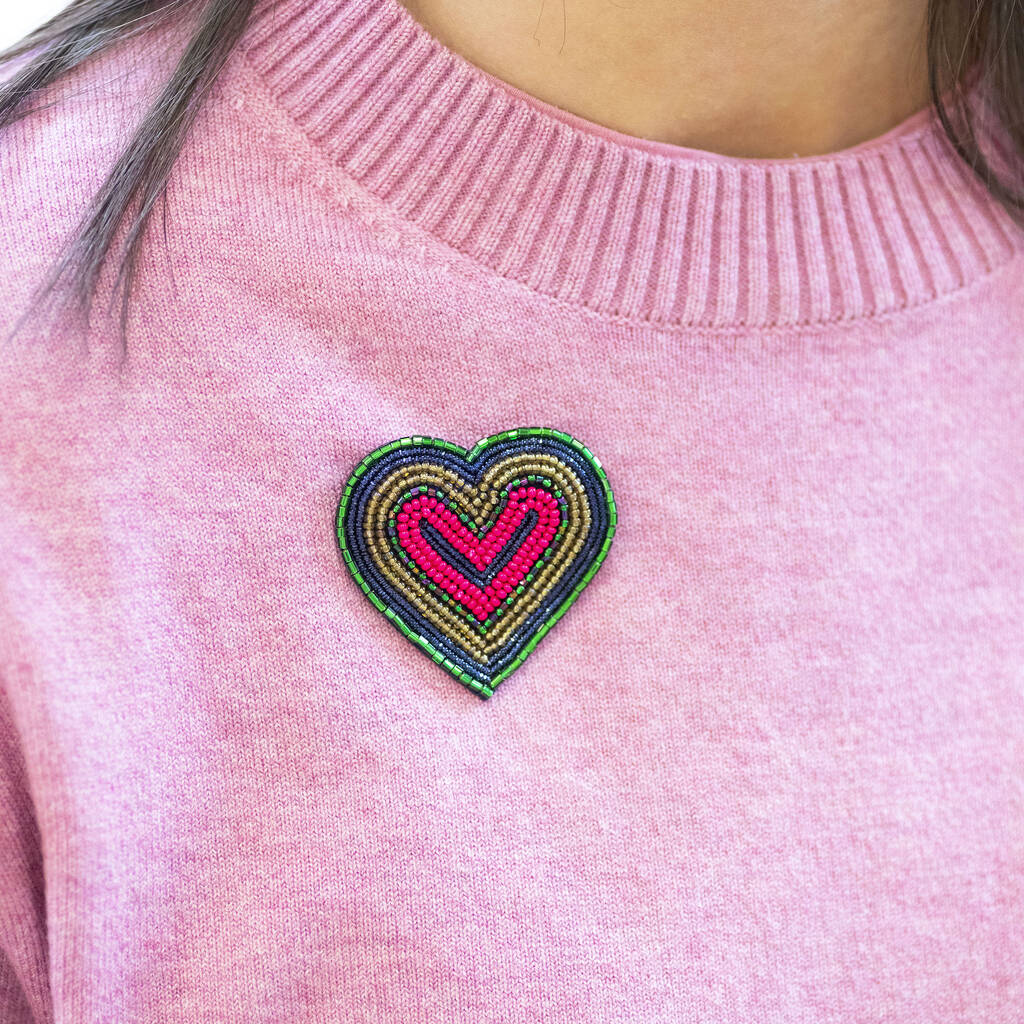 Beaded Heart Brooch Pink And Green, 1 of 2