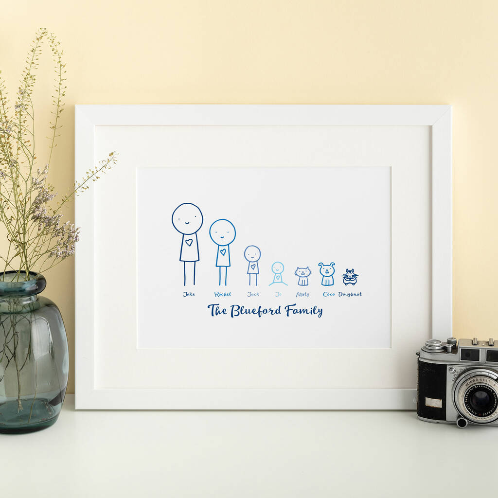 6-11 persons, Black cartoon personalisation print A4 size Frame included,Family gift family print Personalised family portrait 
