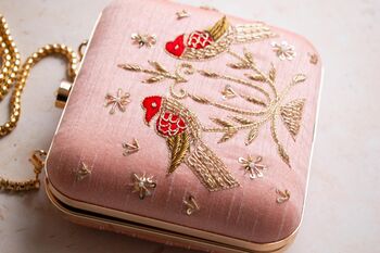 Pyar Peach Silk Birds Embroidered Clutch, 3 of 5