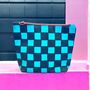 Large Cosmetic Bag Turquoise Checkered Pattern On Dark Grey, thumbnail 1 of 3