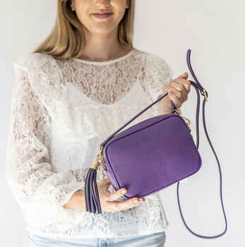 Purple Leather Tassel Crossbody Personalised Handbag, 5 of 11