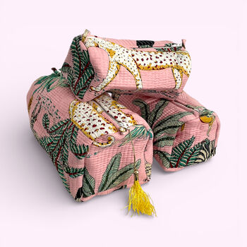 Jungle Print Cotton Washbag, Make Up Bag, With Waterproof Lining Pink, 2 of 6