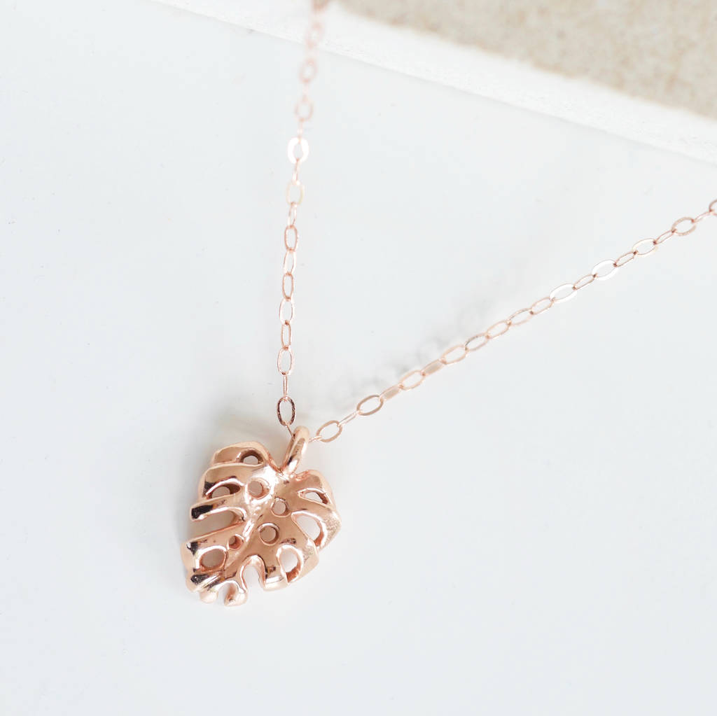 9ct Rose Gold Monstera Palm Leaf Charm Necklace, 1 of 5