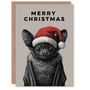 Cute Bat In Santa Hat Vintage Style Drawing Christmas Card, thumbnail 1 of 4