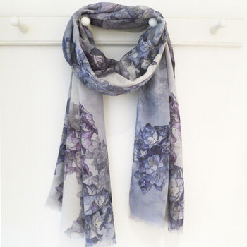 Grey And Lilac Faded Hydrangea Print Luxury Scarf Gift Boxed With Card, 5 of 5