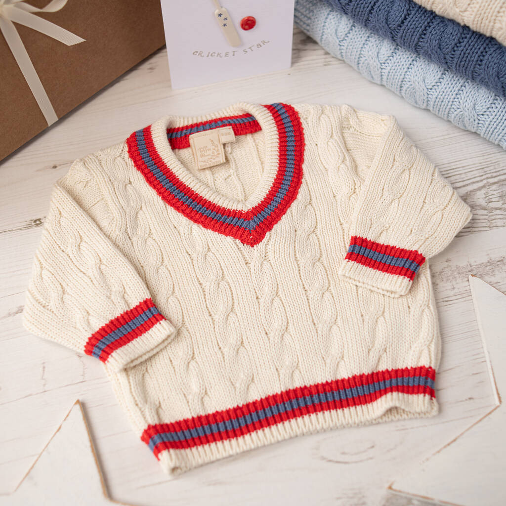 red and blue stripe cream baby cricket jumper by toffee moon