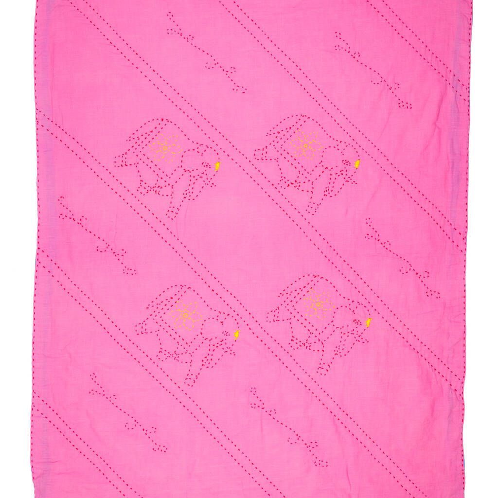 Embroidered Elephant Blanket In Pink And Orange By Khushi Kantha (Happy