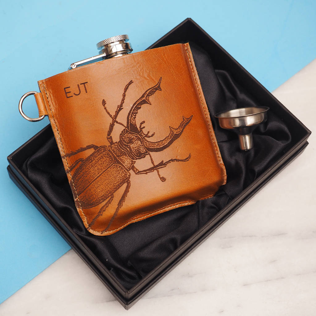 Personalised Leather Hip Flask With Stag Beetle, 1 of 8
