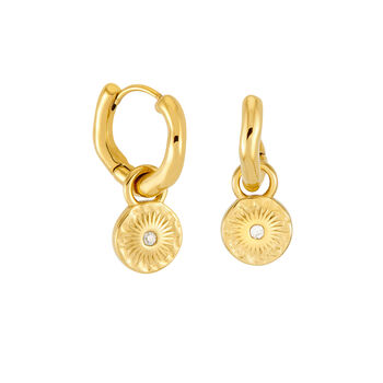 Textured Sun Charm Huggie Hoops In Silver Colour Finish With Removable Charm, 9 of 11