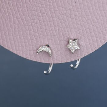 Tiny Moon And Star Cz Huggie Hoop Earrings, 2 of 11