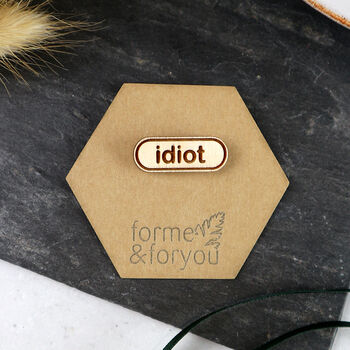 Wooden Engraved Idiot Brooch, 2 of 2