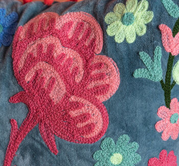Smoke Blue Floral Embroidered Cotton Velvet Cushion, 5 of 7