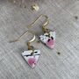 Ceramic Triangle Earrings Pink White And Black Speckled Dangle Earrings With Gold Hooks, thumbnail 10 of 11