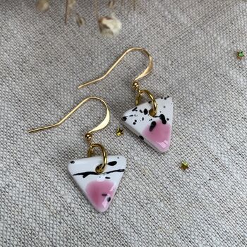 Ceramic Triangle Earrings Pink White And Black Speckled Dangle Earrings With Gold Hooks, 10 of 11