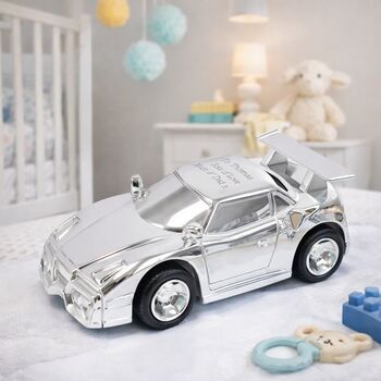 Gifts For Boys Personalised Racing Car Money Box Silver Plated, 7 of 7