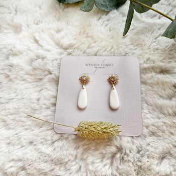 Dainty Teardrop White Polymer Clay Occasion Earrings, 2 of 3