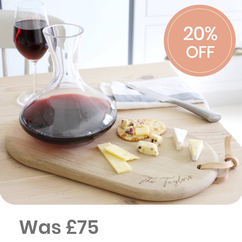 Personalised Wine Carafe And Oak Cheese Board Set, 1 of 11