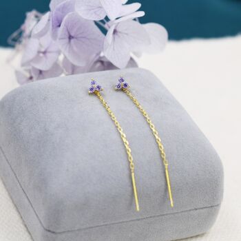 Sterling Silver Purple Cz Trio Flower Threader Earrings, 4 of 11