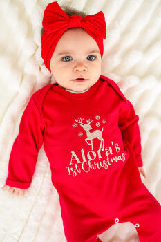 'My First Christmas' Embroidered Reindeer Personalised Babygro Sleepsuit, 2 of 5