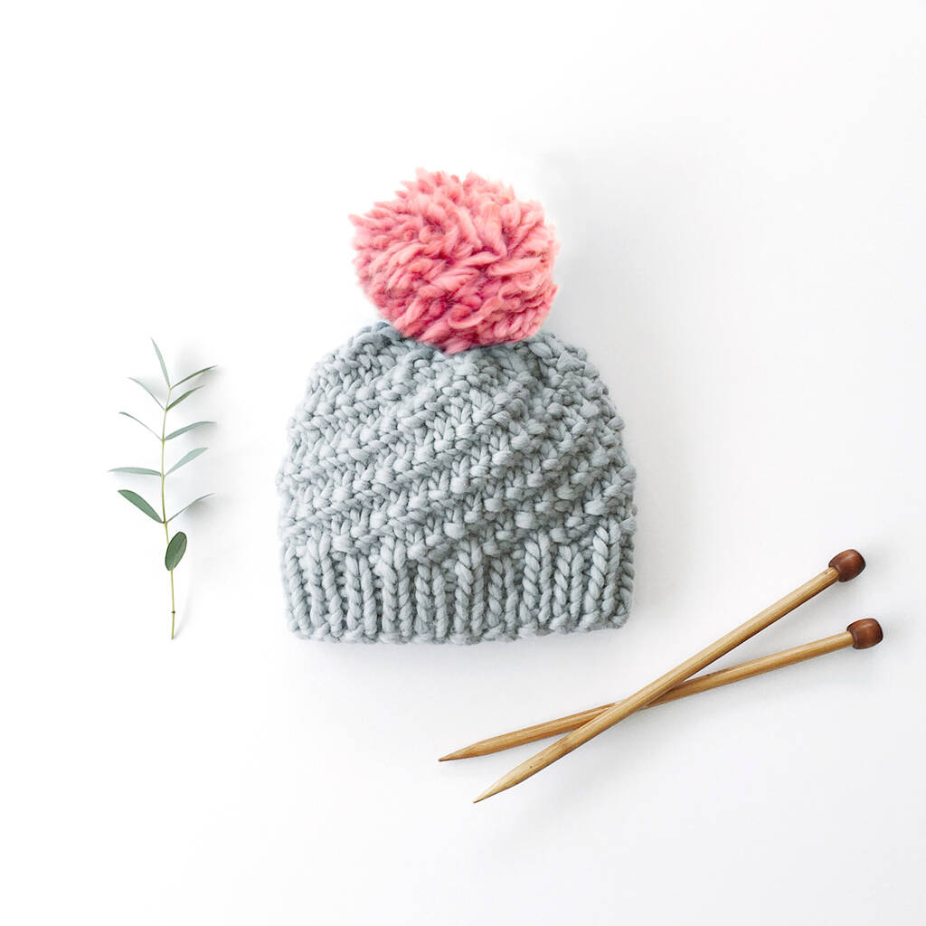 Knit Your Own Luca Pom Hat In Stormy Grey + Dust Pink By Stitch & Story