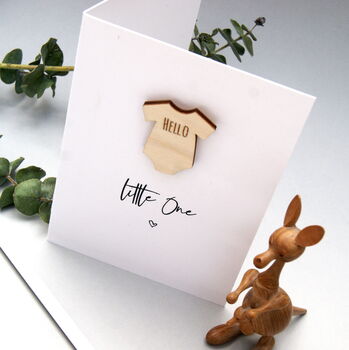 New Baby Card Hello Little One Wooden Babygrow, 3 of 5